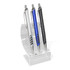 A display stand with three pens: silver, blue, and black, set against a clear acrylic holder.