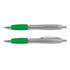 A silver barrel pen with a green grip. The pen features a logo on the barrel.