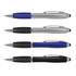 A set of four stylus pens in blue, silver, black, and matte black, featuring a branded logo on each pen.