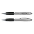 A sleek silver stylus pen with a black grip and a clip, featuring a branding logo.