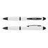 A stylus pen in white and black, featuring a smooth barrel and a sleek design, with a brand logo present.
