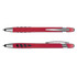 A red plastic stylus pen with silver accents and a retractable design, featuring a grip and a clip for convenience.