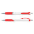 A plastic pen with a white barrel and red accents, featuring a grip and a clip. Includes a logo on the barrel.