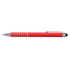 A red stylus pen with silver accents and a rubber tip for touchscreen use. It features a sleek design.