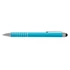A turquoise stylus pen with silver accents and a clip, featuring a rubber tip for touchscreen use.