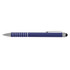 A blue stylus pen with a sleek design, featuring a silver clip and grip details. It has a branding logo on the side.