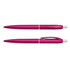 Two pink plastic pens are displayed, featuring sleek designs and silver accents. Each pen has a branding logo.