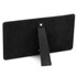 A black pop-up display stand with a textured surface and a retractable support strap at the back.