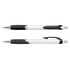 A set of plastic pens with coloured barrels and black grips, featuring silver accents and a logo.