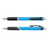 A blue plastic pen with a black grip and a shiny silver clip, featuring a logo on the barrel.