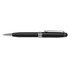A metal pen featuring a sleek black design with silver accents and a clip.