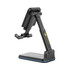 A foldable wireless charging stand in black and blue, featuring adjustable height and angle settings, with a logo.
