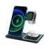 A wireless charger in black with teal accents, designed to charge a phone, AirPods, and an Apple Watch simultaneously.