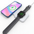 A wireless charger designed for phones and smartwatches, featuring a sleek black and white design. It includes a logo.