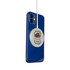 A blue smartphone with a white, circular magnetic wireless charger attached, featuring a logo.