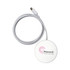 A white magnetic wireless charger with a grey cable and a logo on the surface.