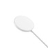 A white magnetic wireless charger with a smooth circular design and a connected cable. It has a logo on the surface.