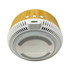 A wireless charging speaker with a bamboo exterior and a white base, featuring buttons on top and a port for charging.