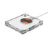 A 15-watt acrylic wireless charger in clear with a copper charging pad and a white cable.