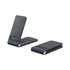 A black 3-in-1 wireless charger with a foldable design, featuring a stand and a flat charging pad.