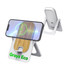 A wireless charging stand in white with a bamboo charging surface, featuring a logo and an illuminated phone display.