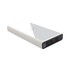 A white wireless power bank with a sleek design, featuring USB ports and a logo on the side.