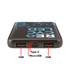 A black power bank with multiple USB ports, featuring a logo and a design related to eco-friendliness.