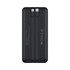A black power bank with dual charging ports, featuring a sleek design and a manufacturer's logo.