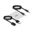 A collection of cables including a USB cable, an audio cable, and a user manual, all in black.