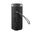 A black wireless speaker with a textured surface, featuring a carry strap and a logo on the side.
