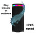 A black wireless speaker with a multi-coloured light strip, featuring a textured exterior and an IPX5 rating.