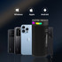 A wireless speaker in black with multicoloured lights beside three smartphones in dark hues. The speaker has a branded logo.