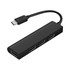 A black USB hub with one Type-C connector and three USB-A ports, featuring a simple and sleek design.