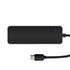 A black USB hub featuring USB Type-C and USB Type-A ports, with a blue indicator light and connecting cable.