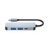 A silver USB hub with two blue USB ports and a Type-C connector, featuring a flexible black cable.