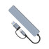 A silver USB hub with dual inputs, including Type-C and Type-A connectors, featuring a compact design.