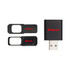 A black USB webcam cover with two sliding caps, featuring a logo.