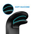 A black magnetic car phone holder with soft silicone detailing and a logo, featuring a sleek design.