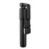 A black selfie stick with a collapsible design and a button for taking photos. It features a logo.