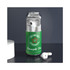 A green can-shaped case containing white wireless earbuds, with one earbud placed next to the can.