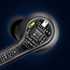 Close-up of black active noise cancelling TWS earbuds, revealing internal circuitry and components. Features branding.