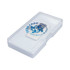 A clear plastic case containing a small thermometer device with a logo on it. The case is white and compact.