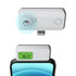 A white smartphone thermometer with a digital display, featuring a logo, designed to attach to a device.