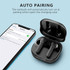 Active noise cancelling TWS earbuds in a black charging case, displayed alongside a smartphone showing Bluetooth settings.