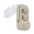 A pair of Sefton Eco TWS earbuds in a beige case, featuring two buttons and a transparent lid.