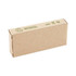 A brown cardboard box containing a bamboo flash drive, labelled with recycling symbols and a logo.