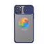 A grey iPhone case with a navy blue border and a geometric design featuring bright colours, including yellow and pink.
