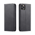 A black folio iPhone case with a textured finish, featuring openings for buttons and a camera, and a logo.