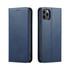 A navy blue folio iPhone case with a textured finish and an embedded logo, featuring a front and back view.