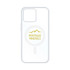 A clear phone case featuring a circular MagSafe attachment and a logo, suitable for iPhone models.